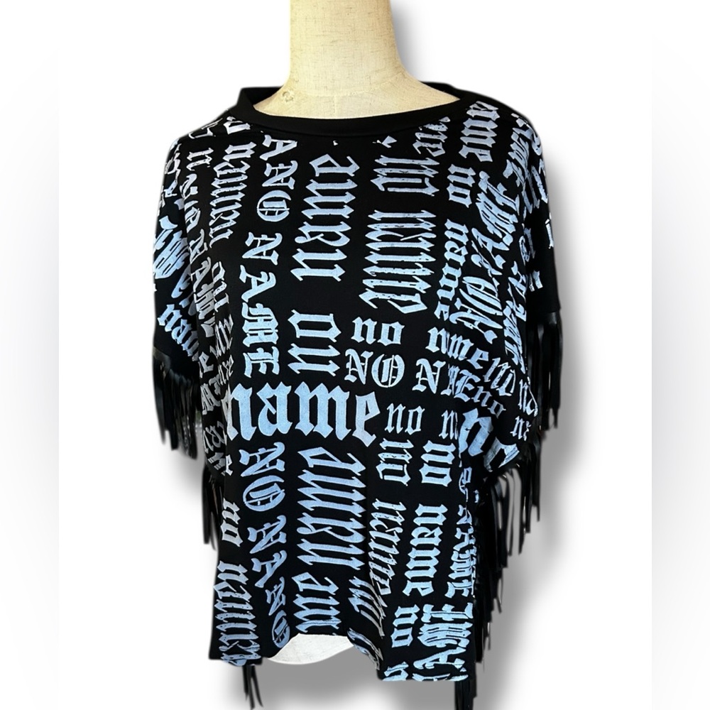Black Graphic Poncho Style Top with Faux Leather Fringe 3X